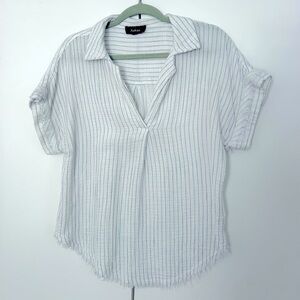 Aakaa cotton gauze beachy striped pullover top frayed edges flowy shirt v neck